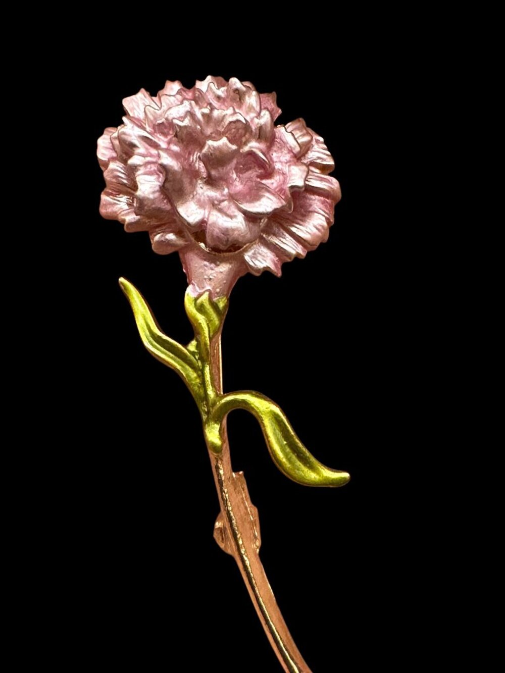 Carnation Flower Brooch Enamel Paint Pink and Green